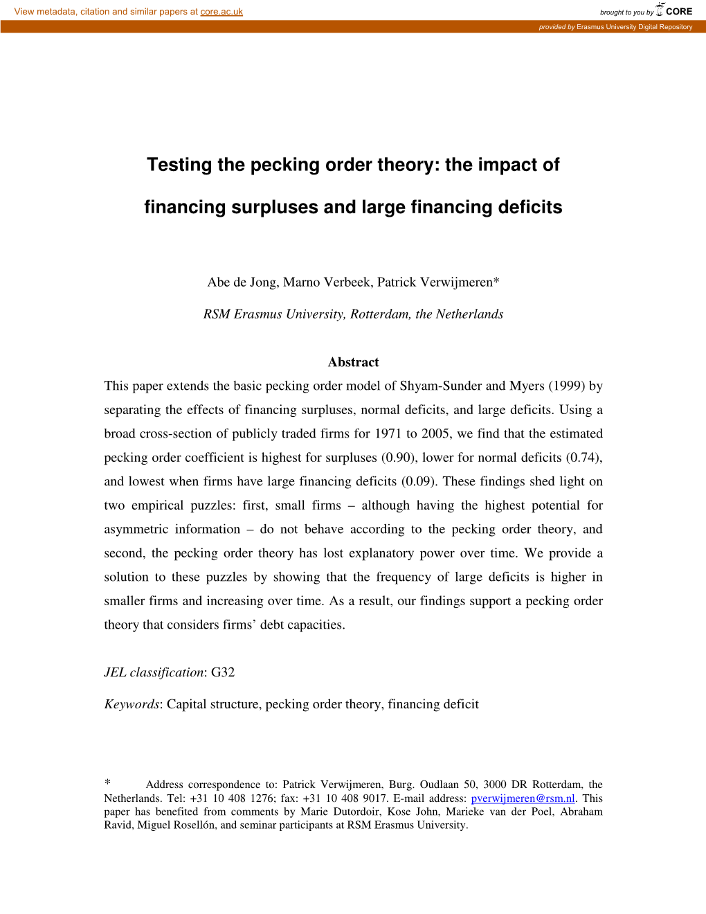 Testing the Pecking Order Theory: the Impact Of