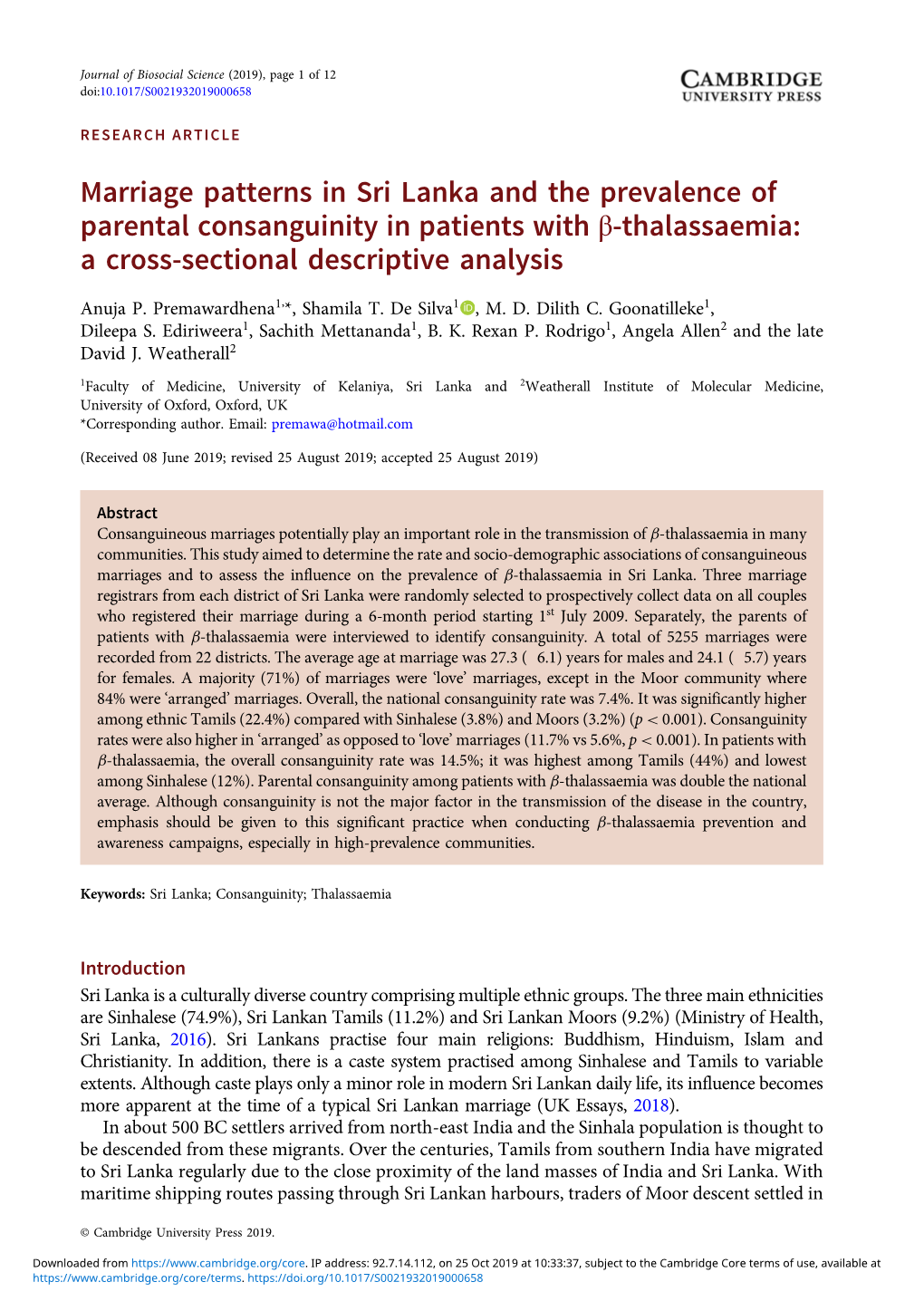 Marriage Patterns in Sri Lanka and the Prevalence of Parental Consanguinity in Patients with Β-Thalassaemia: a Cross-Sectional Descriptive Analysis