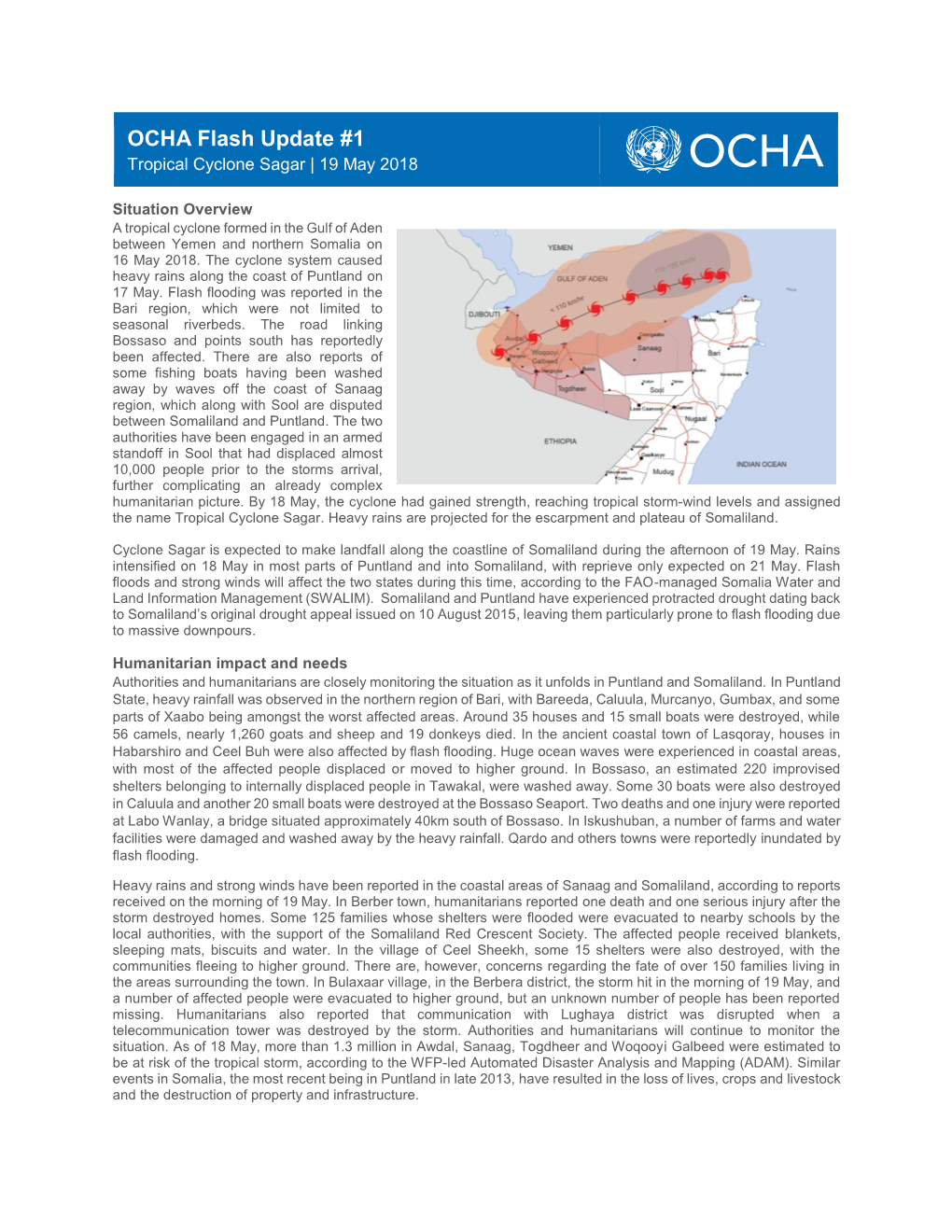 OCHA Flash Update #1 Tropical Cyclone Sagar | 19 May 2018