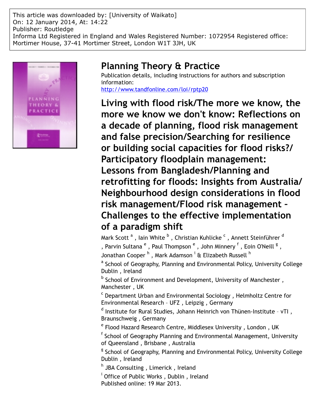 Planning Theory & Practice Living with Flood Risk/The More We Know, The