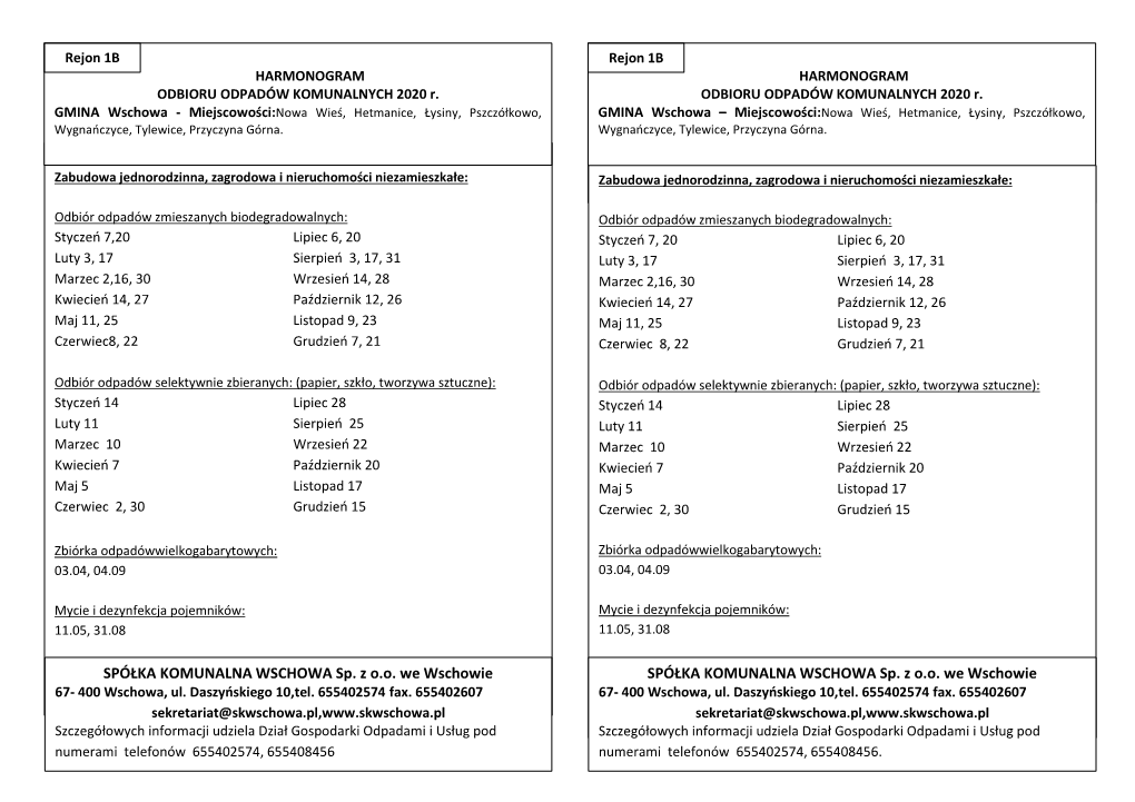 SPÓŁKA KOMUNALNA WSCHOWA Sp. Z O.O. We Wschowie SPÓŁKA