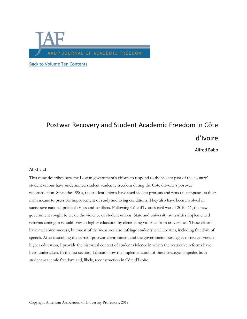 Postwar Recovery and Student Academic Freedom in Côte D'ivoire