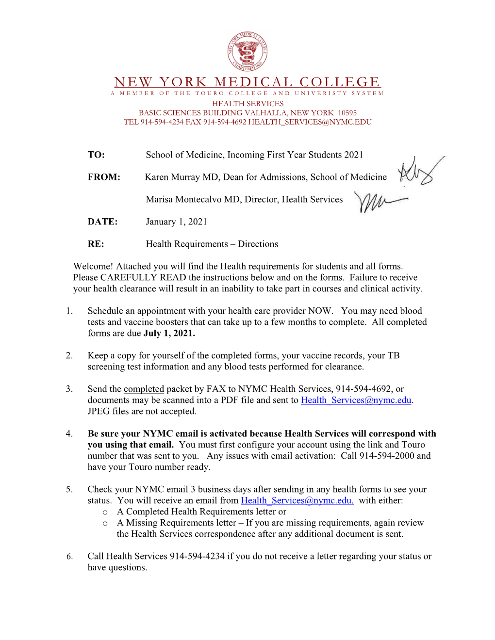 NYMC Health Services, 914-594-4692, Or Documents May Be Scanned Into a PDF File and Sent to Health Services@Nymc.Edu