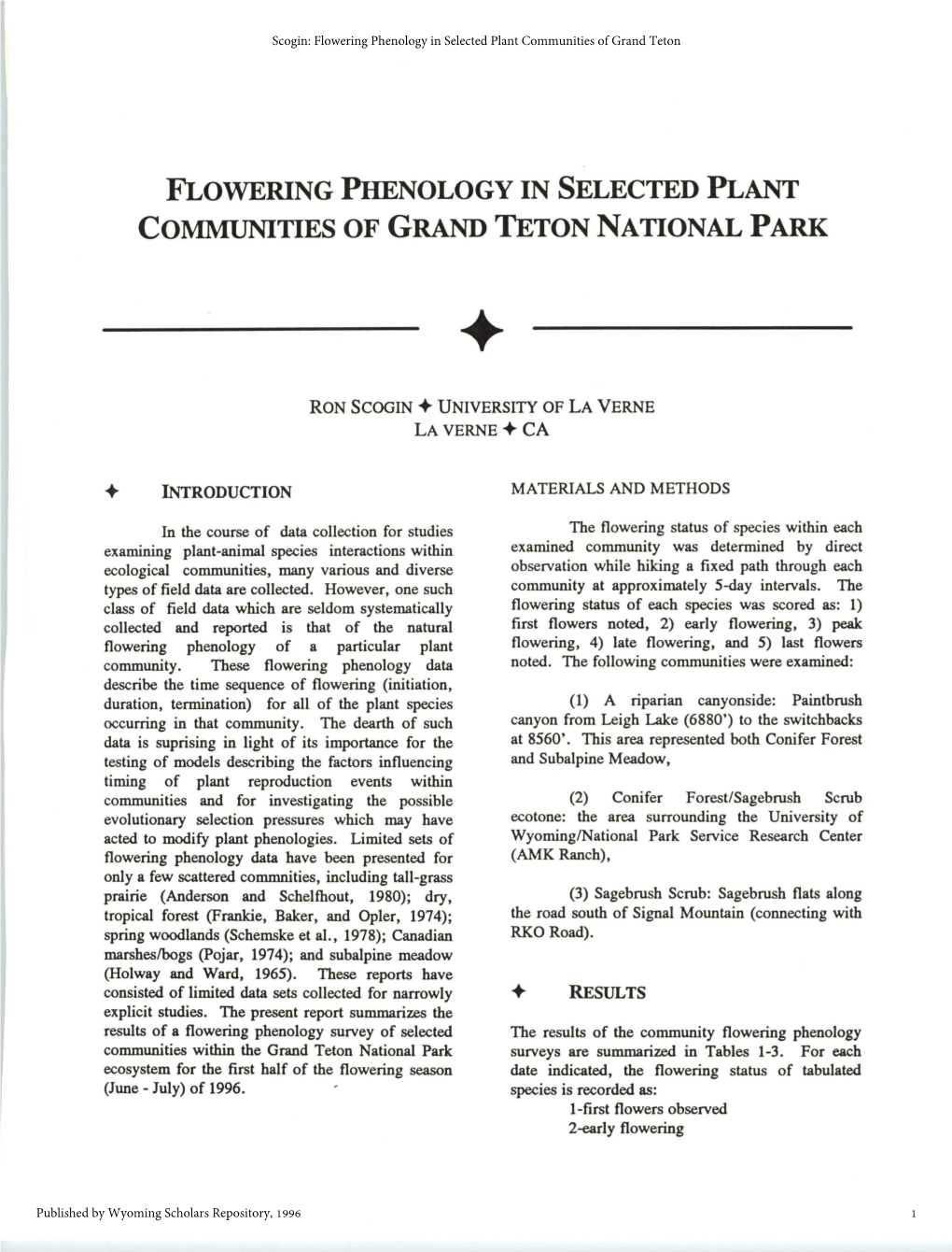 Flowering Phenology in Selected Plant Communities of Grand Teton