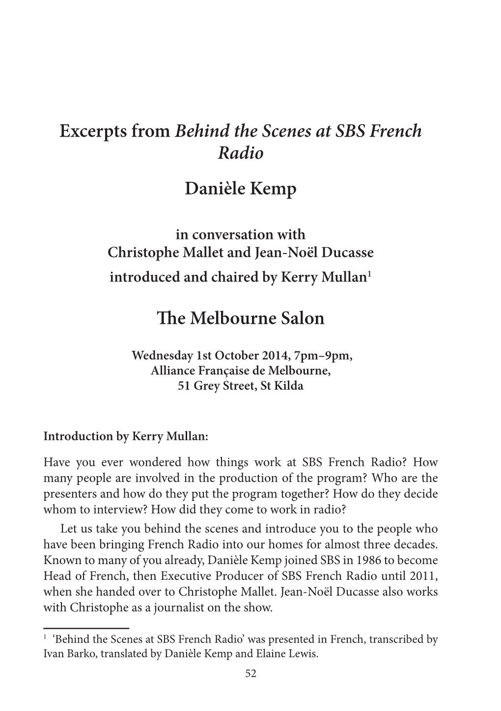 Excerpts from Behind the Scenes at SBS French Radio Danièle Kemp