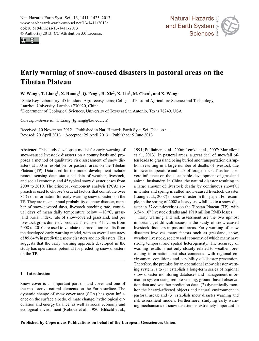 Early Warning of Snow-Caused Disasters in Pastoral Areas on the Discussions Open Access Open Access Tibetan Plateau Atmospheric Atmospheric Measurement Measurement W