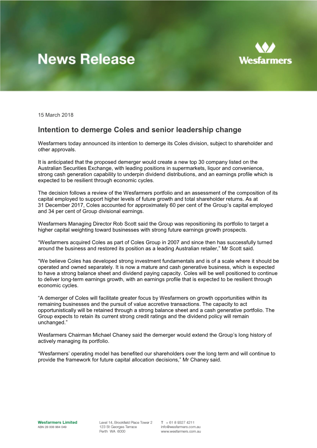 Intention to Demerge Coles and Senior Leadership Change