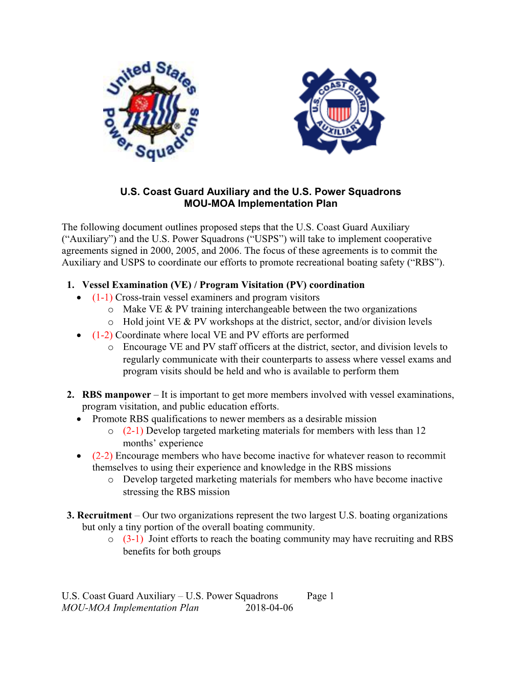 Auxiliary - USPS MOU-MOA Implementation Plan