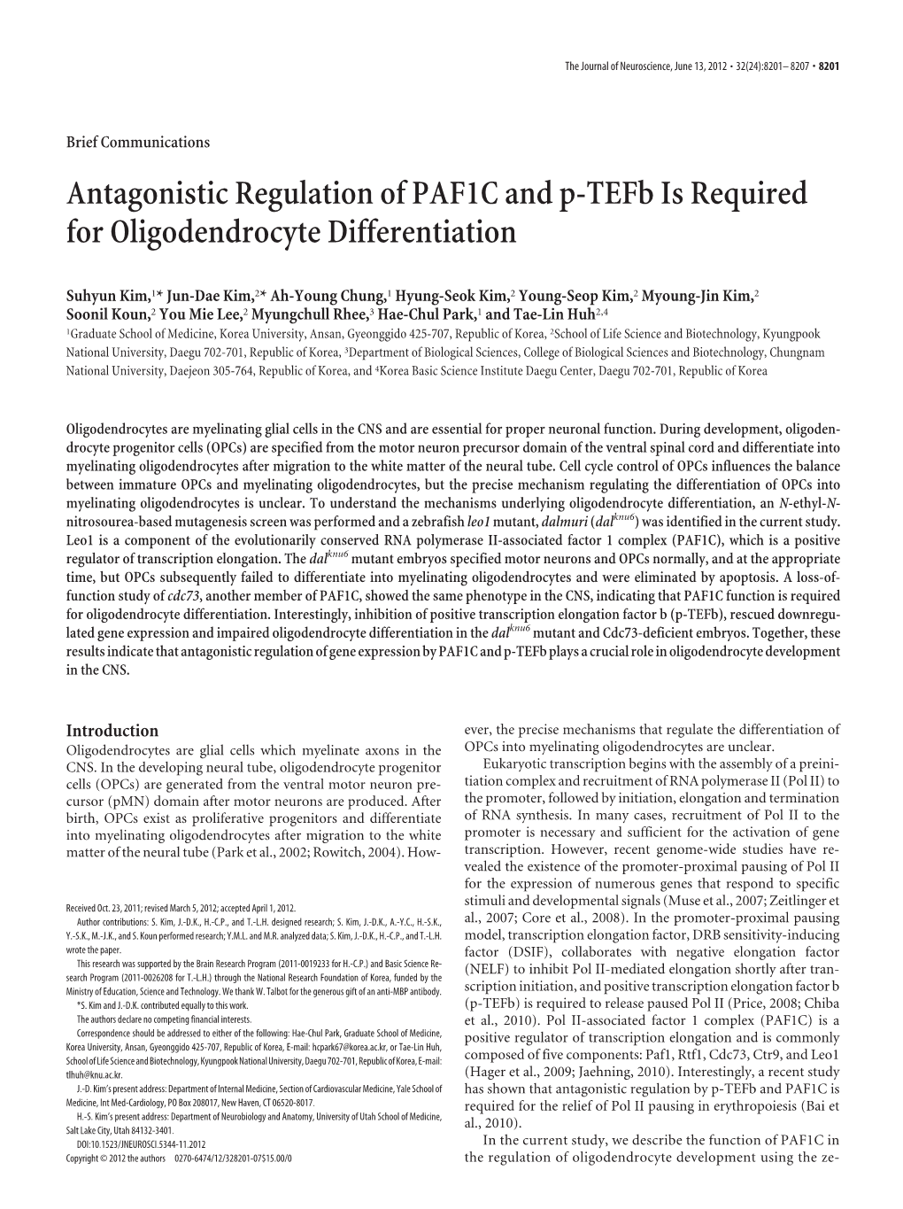 Antagonistic Regulation of PAF1C and P-Tefb Is Required for Oligodendrocyte Differentiation