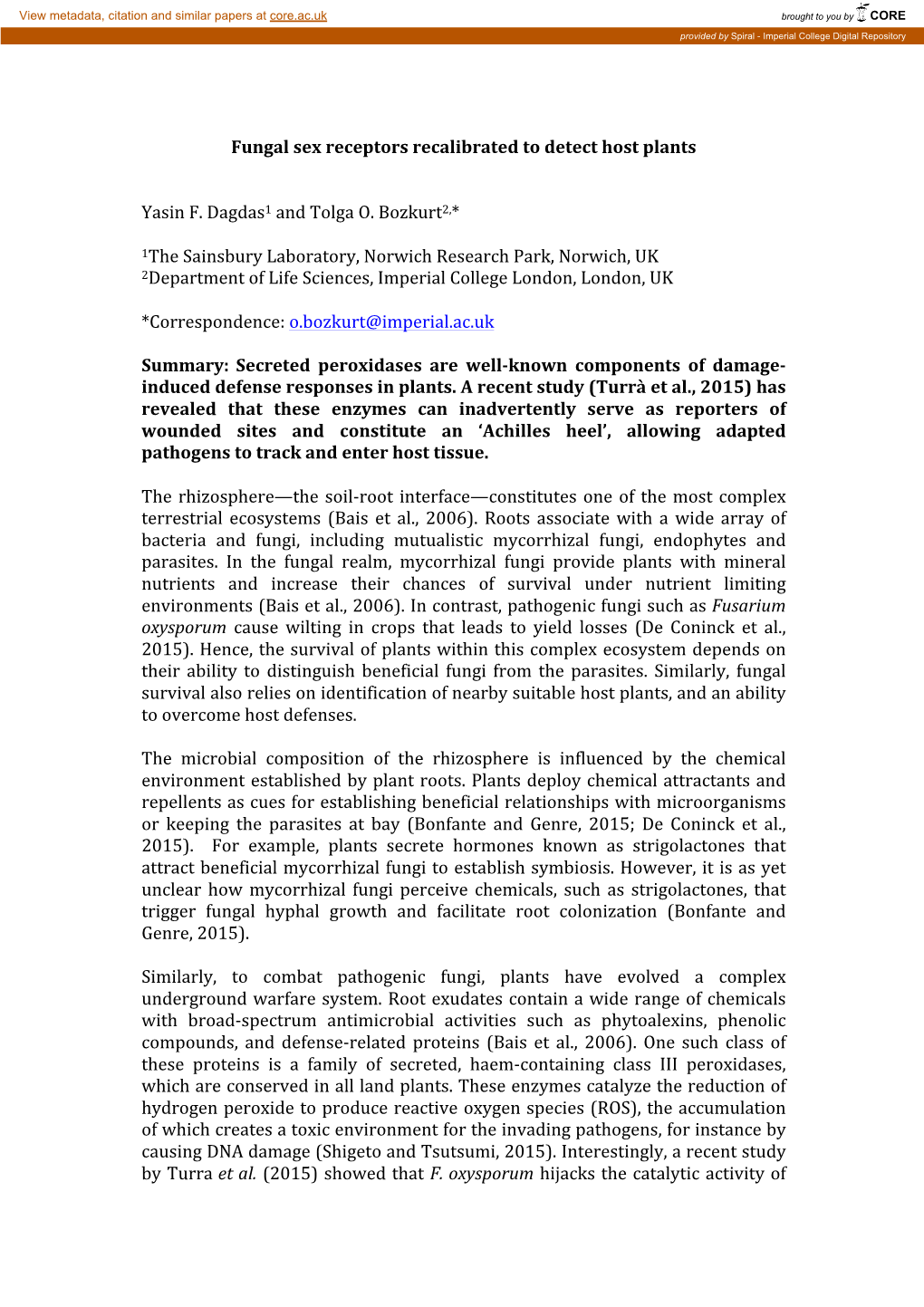 Fungal Sex Receptors Recalibrated to Detect Host Plants Yasin F