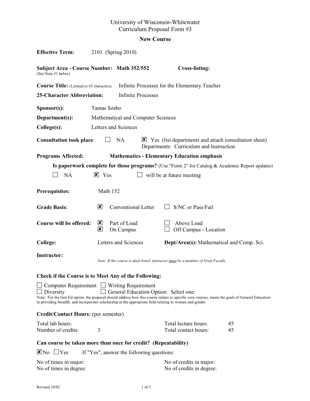 Subject Area - Course Number: Math 352/552 Cross-Listing