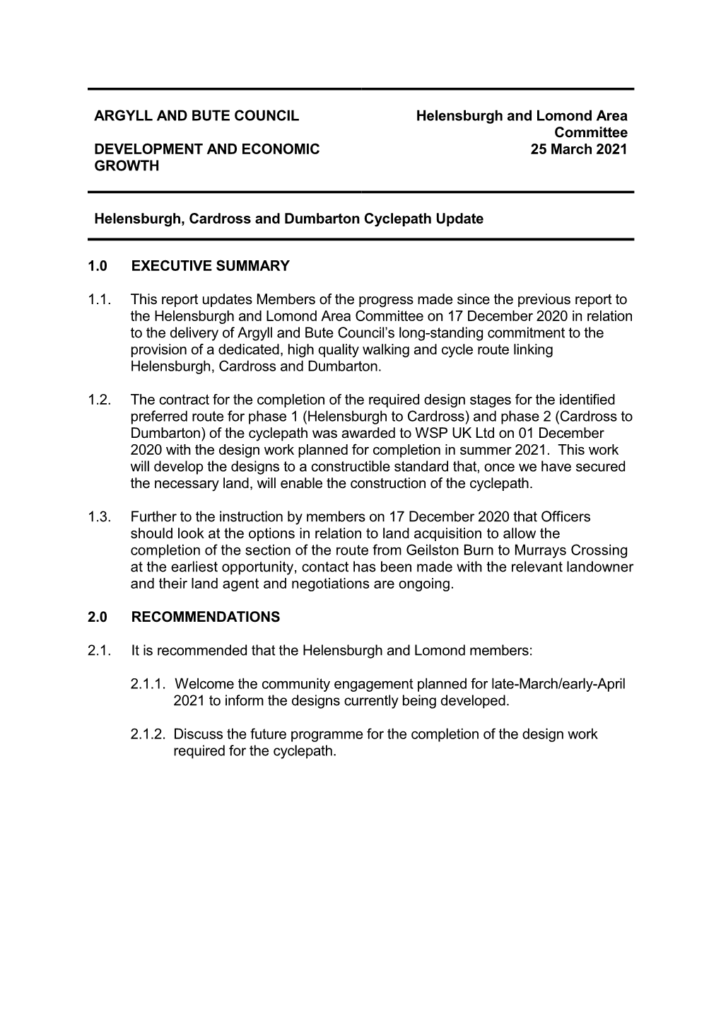 Helensburgh, Cardross and Dumbarton Cyclepath Update