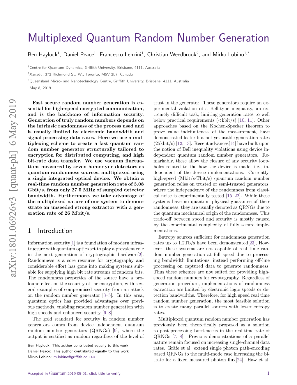 Multiplexed Quantum Random Number Generation