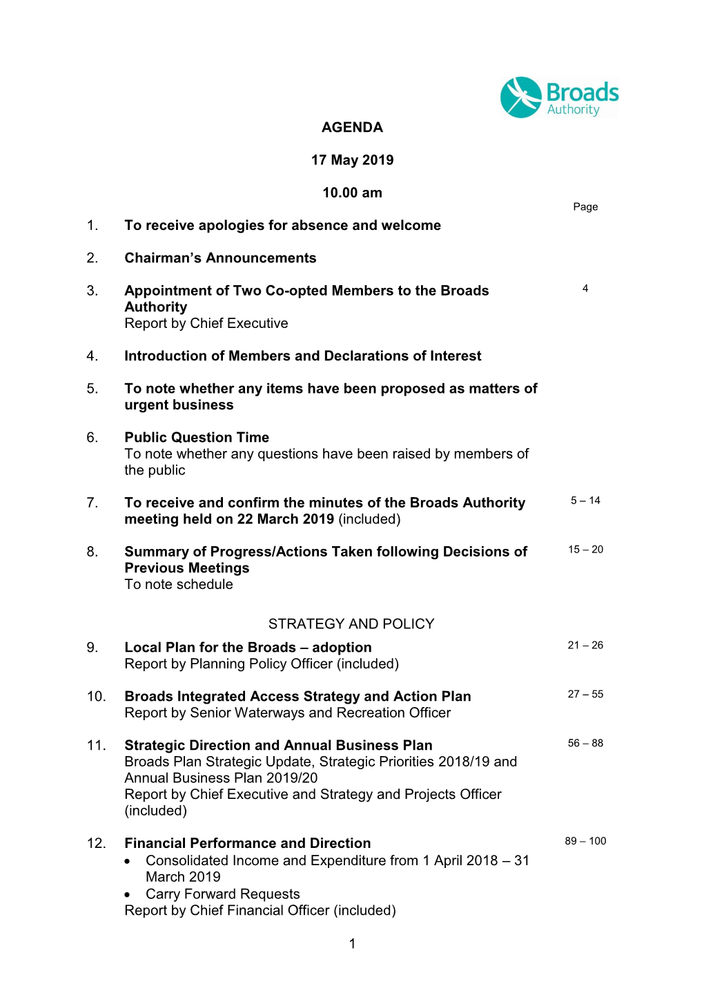 AGENDA 17 May 2019 10.00 Am 1. to Receive Apologies for Absence And