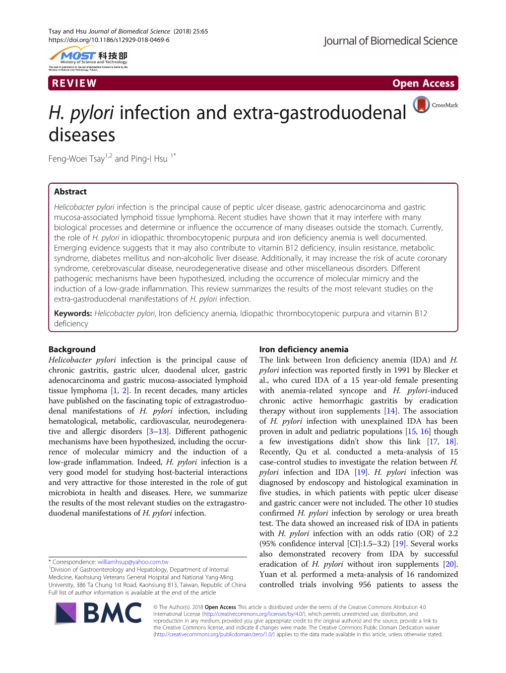 H. Pylori Infection and Extra-Gastroduodenal Diseases Feng-Woei Tsay1,2 and Ping-I Hsu 1*