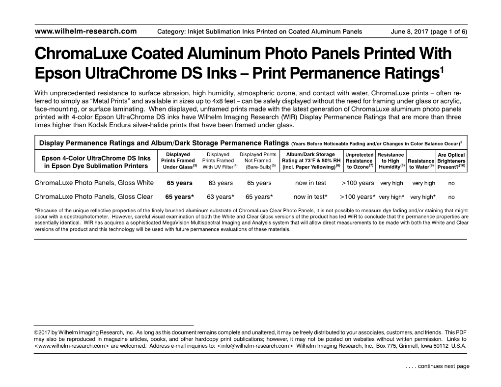 WIR Print Permanence Ratings for Chromaluxe Prints 2017-06-08