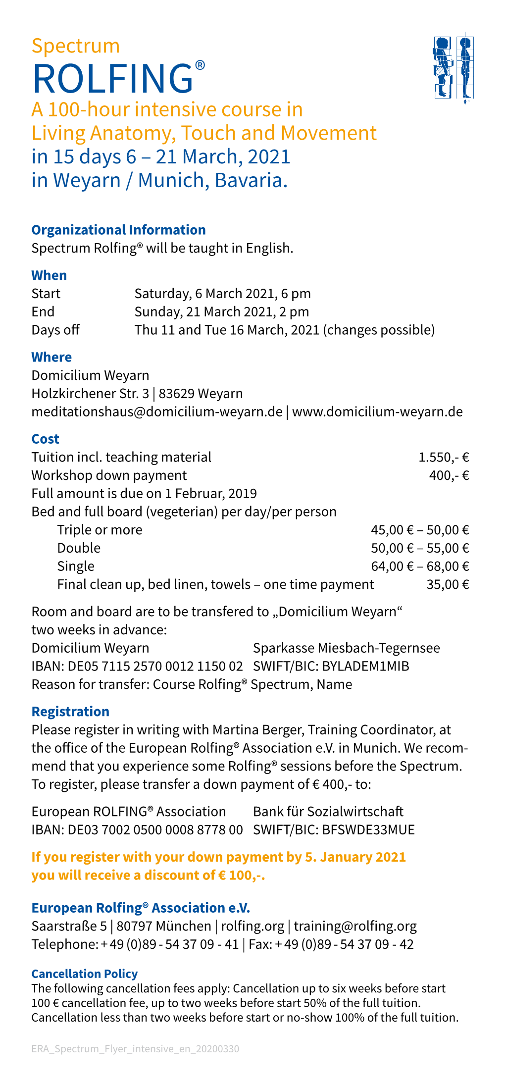 ROLFING® a 100-Hour Intensive Course in Living Anatomy, Touch and Movement in 15 Days 6 – 21 March, 2021 in Weyarn / Munich, Bavaria