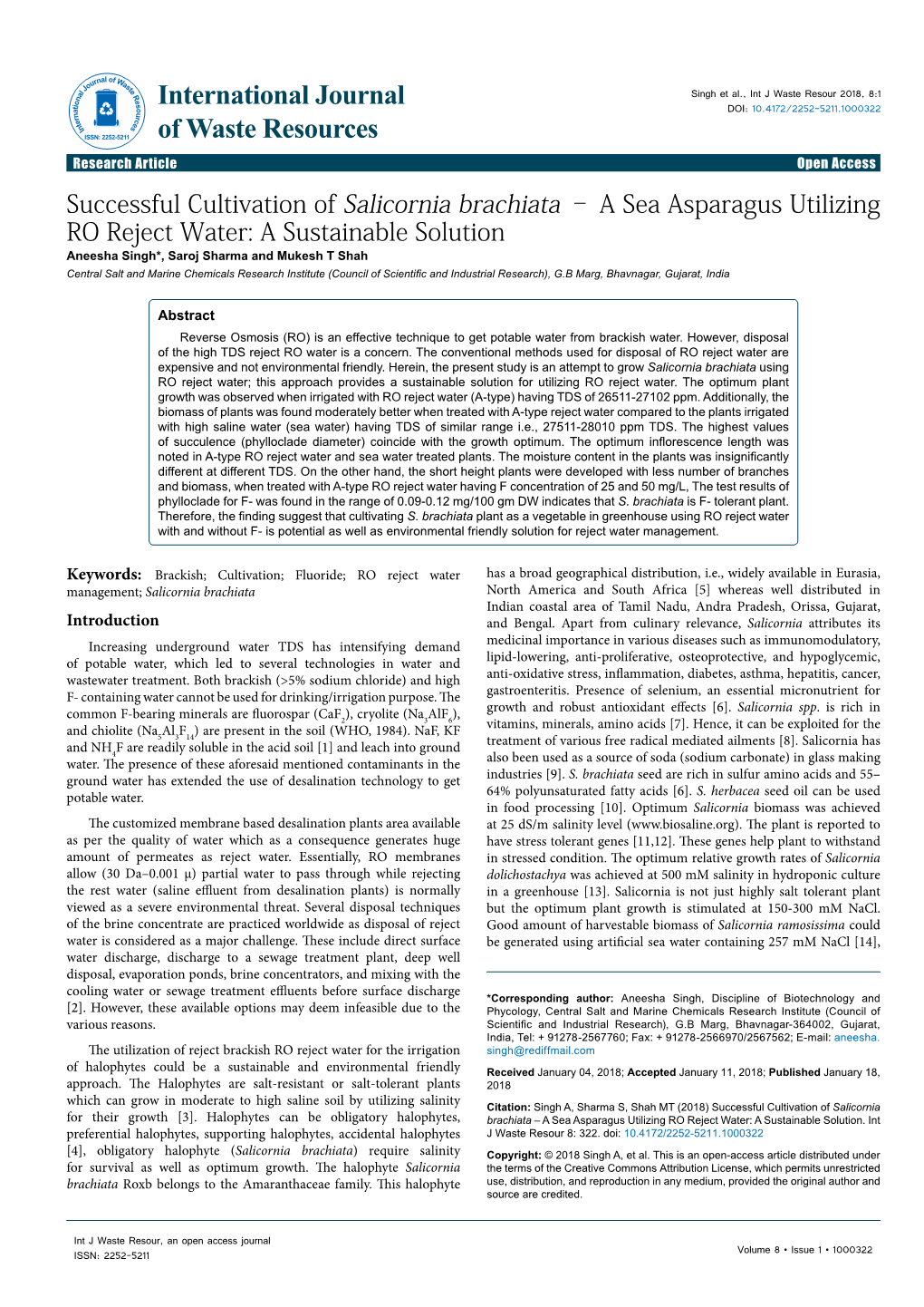 A Sea Asparagus Utilizing RO Reject Water: a Sustainable Solution