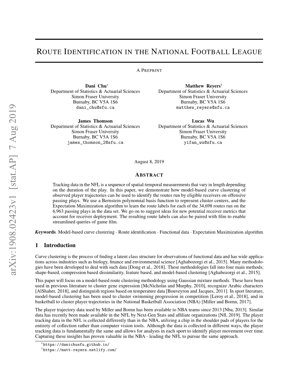 Arxiv:1908.02423V1 [Stat.AP] 7 Aug 2019 This Paper Will Focus on a Model-Based Route Clustering Methodology Using Gaussian Mixture Methods