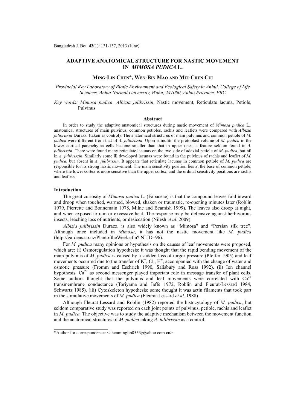 Adaptive Anatomical Structure for Nastic Movement in Mimosa Pudica L