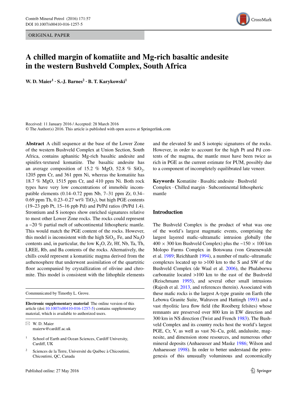 A Chilled Margin of Komatiite and Mg-Rich Basaltic Andesite in The