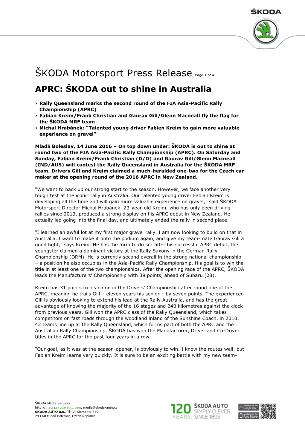 ŠKODA Motorsport Press Release, Page 1 of 4