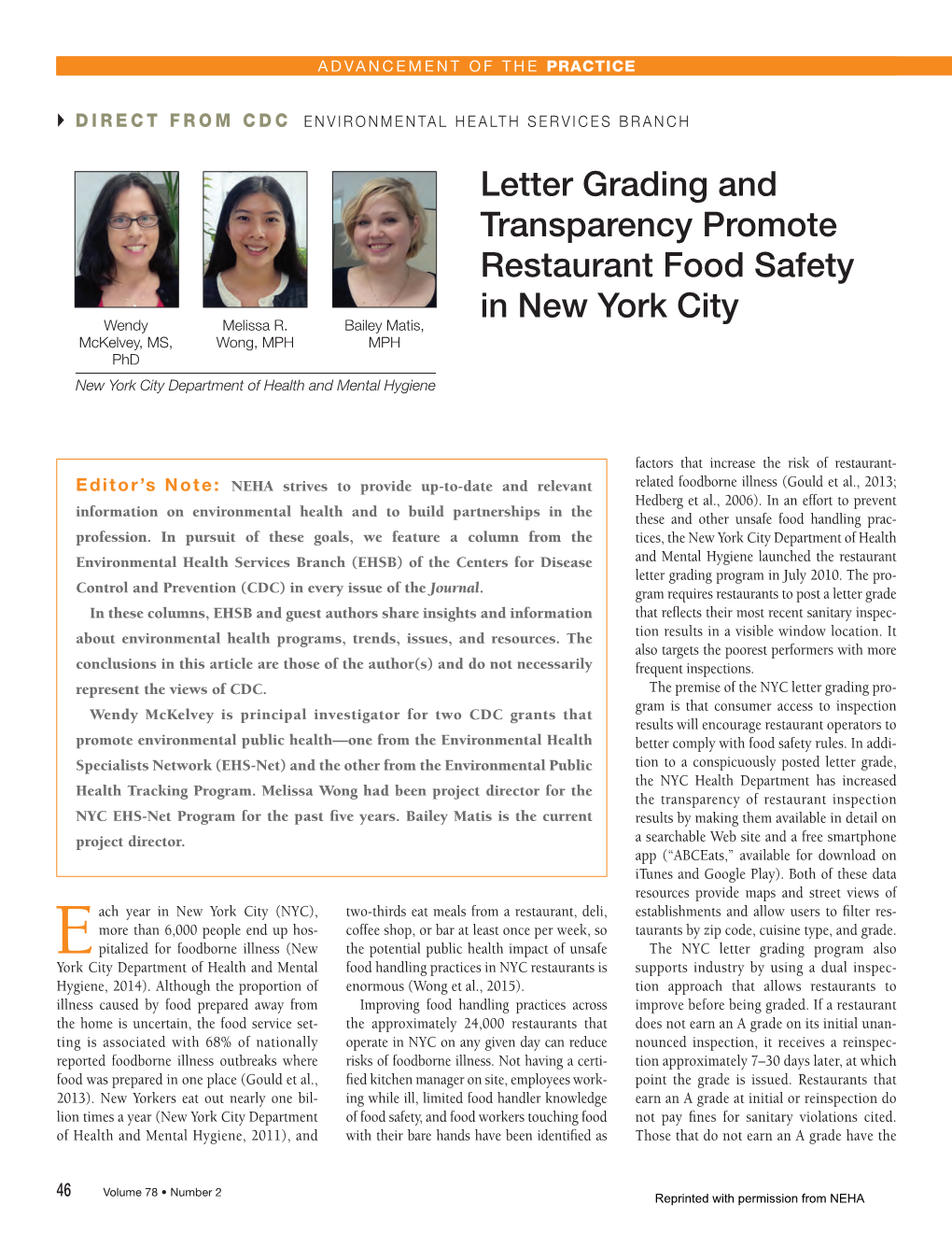 Letter Grading and Transparency Promote Restaurant Food Safety in New York City Wendy Melissa R