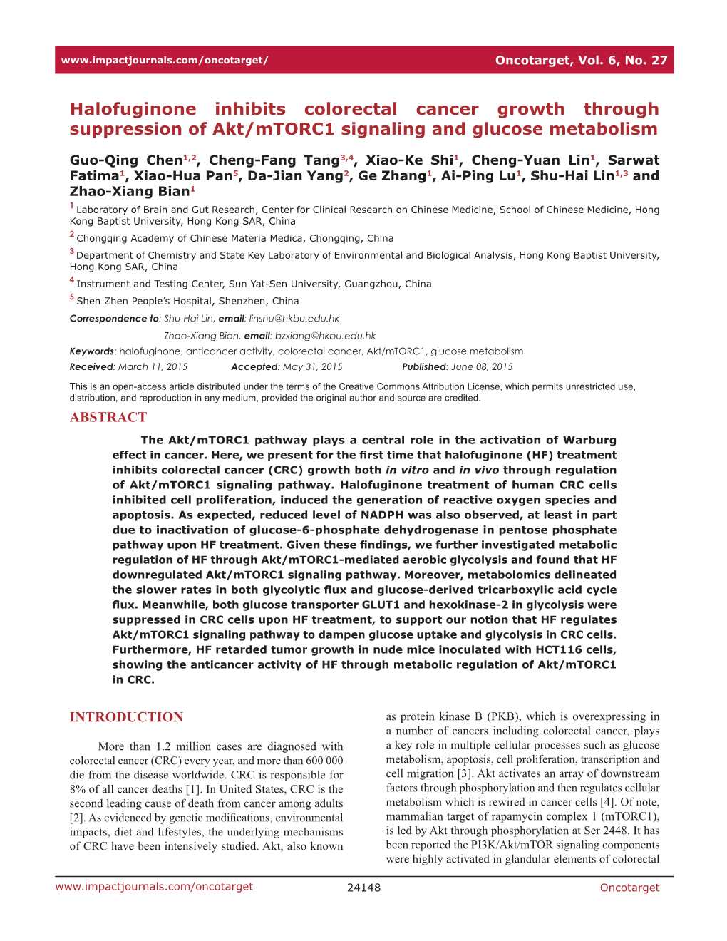 Halofuginone Inhibits Colorectal Cancer Growth Through Suppression of Akt/Mtorc1 Signaling and Glucose Metabolism