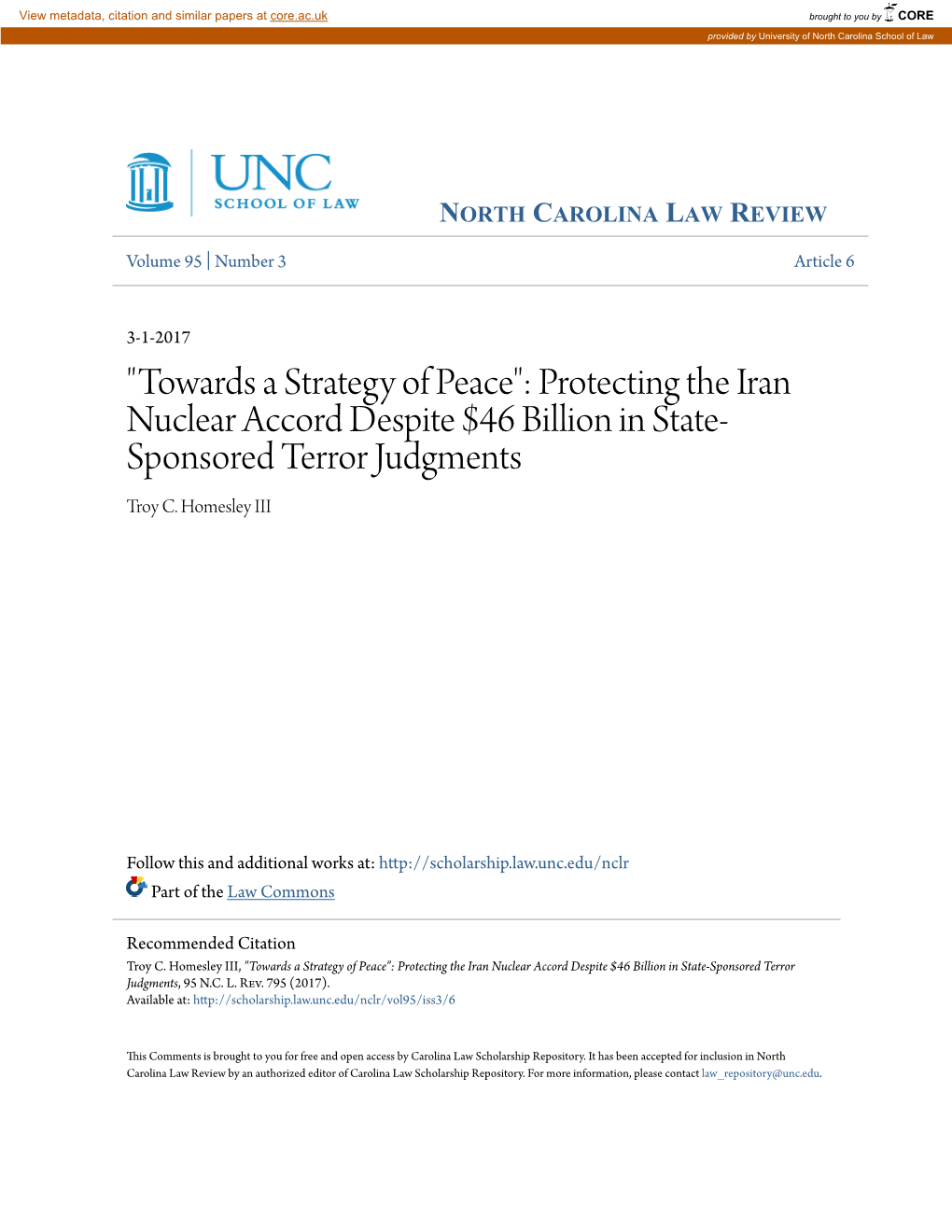 "Towards a Strategy of Peace": Protecting the Iran Nuclear Accord Despite $46 Billion in State- Sponsored Terror Judgments Troy C