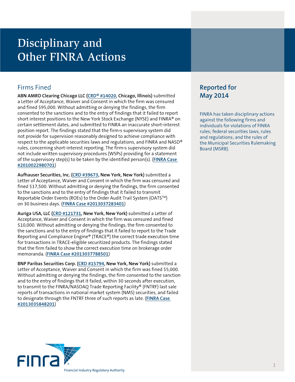 Disciplinary and Other FINRA Actions Reported for May 2014