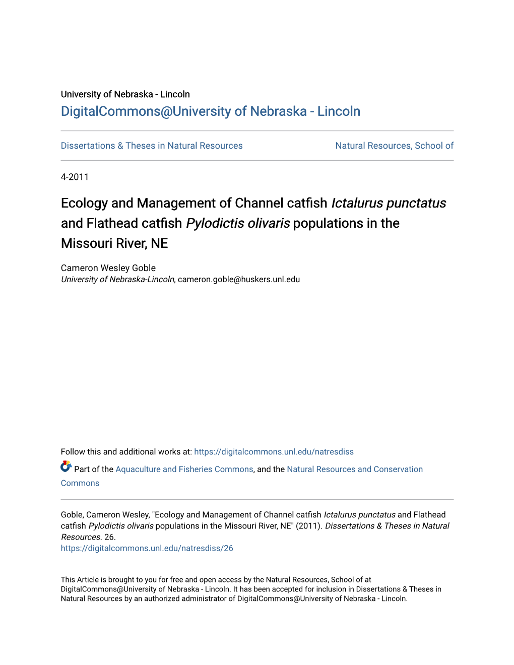 Ecology and Management of Channel Catfish &lt;I&gt;Ictalurus Punctatus&lt;/I&gt;