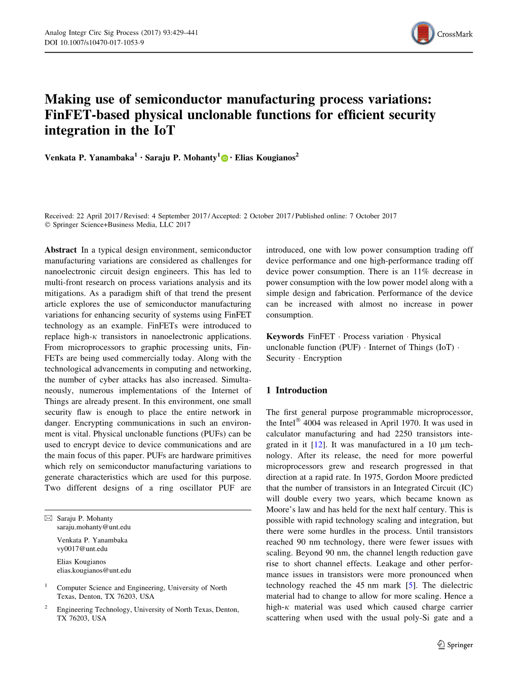 Making Use of Semiconductor Manufacturing Process Variations: Finfet-Based Physical Unclonable Functions for Efﬁcient Security Integration in the Iot