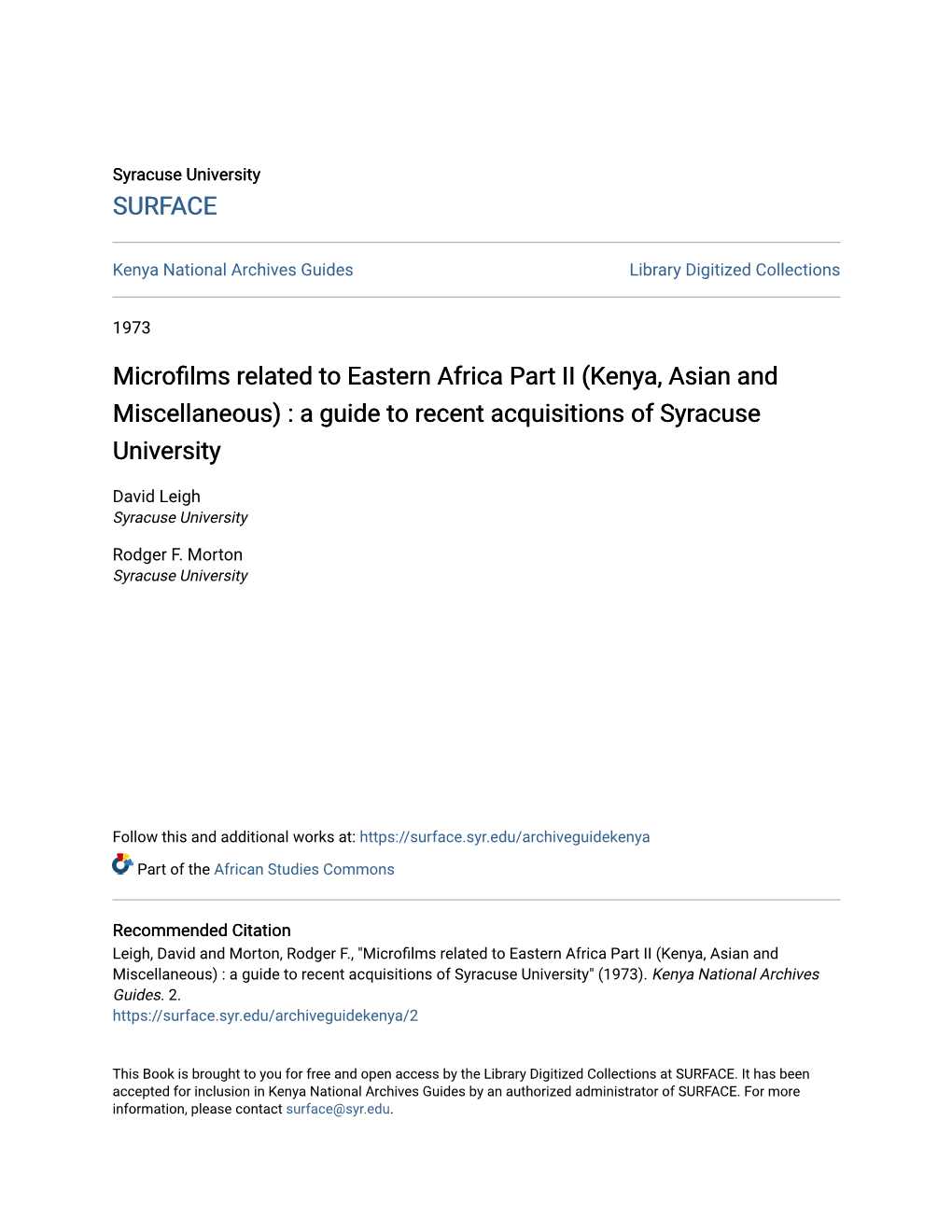 Kenya, Asian and Miscellaneous) : a Guide to Recent Acquisitions of Syracuse University