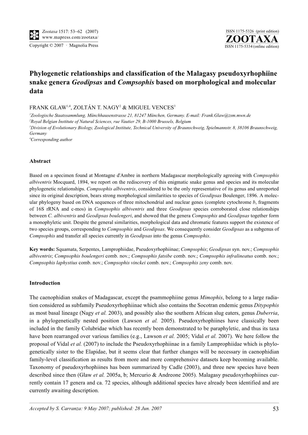 Zootaxa 1517: 53–62 (2007) ISSN 1175-5326 (Print Edition) ZOOTAXA Copyright © 2007 · Magnolia Press ISSN 1175-5334 (Online Edition)