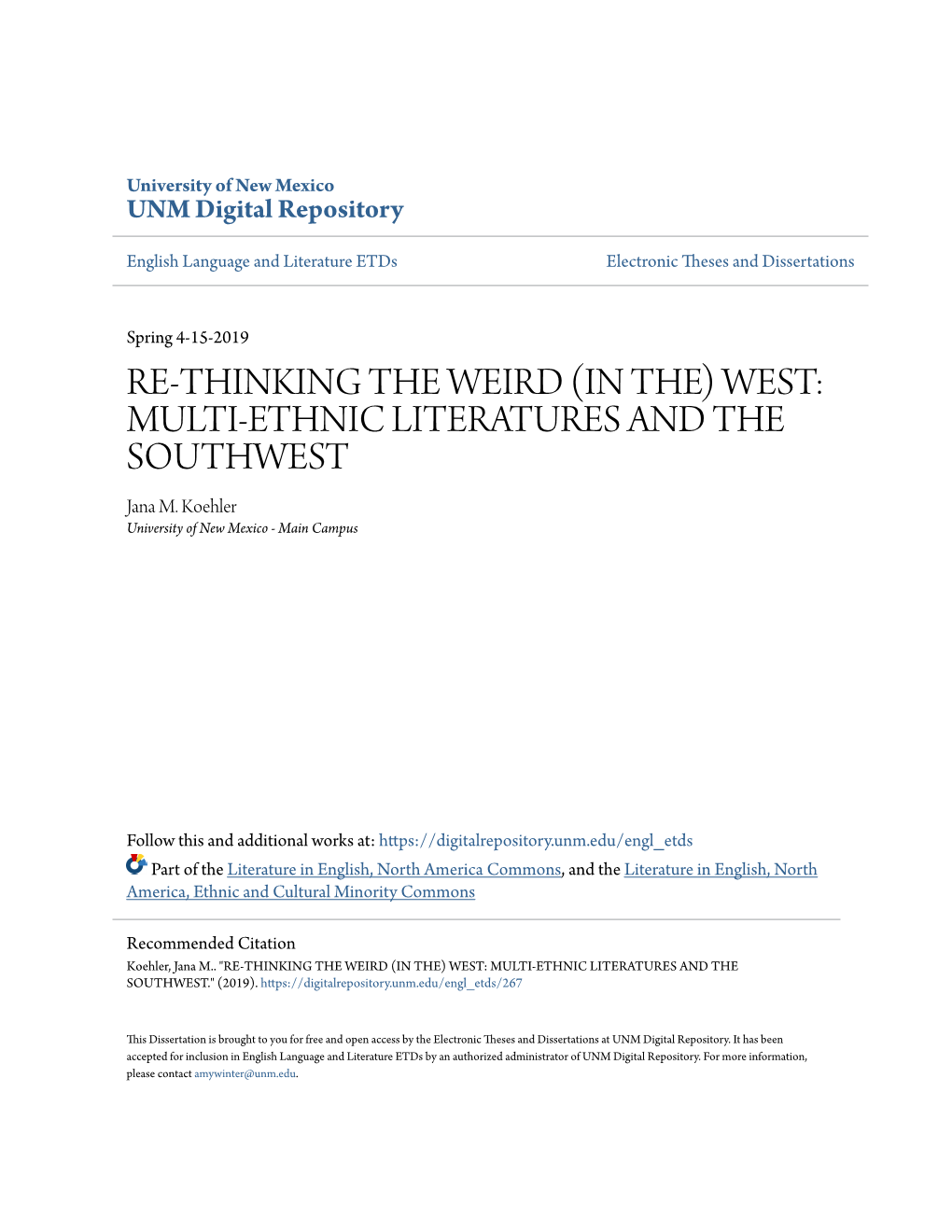 MULTI-ETHNIC LITERATURES and the SOUTHWEST Jana M