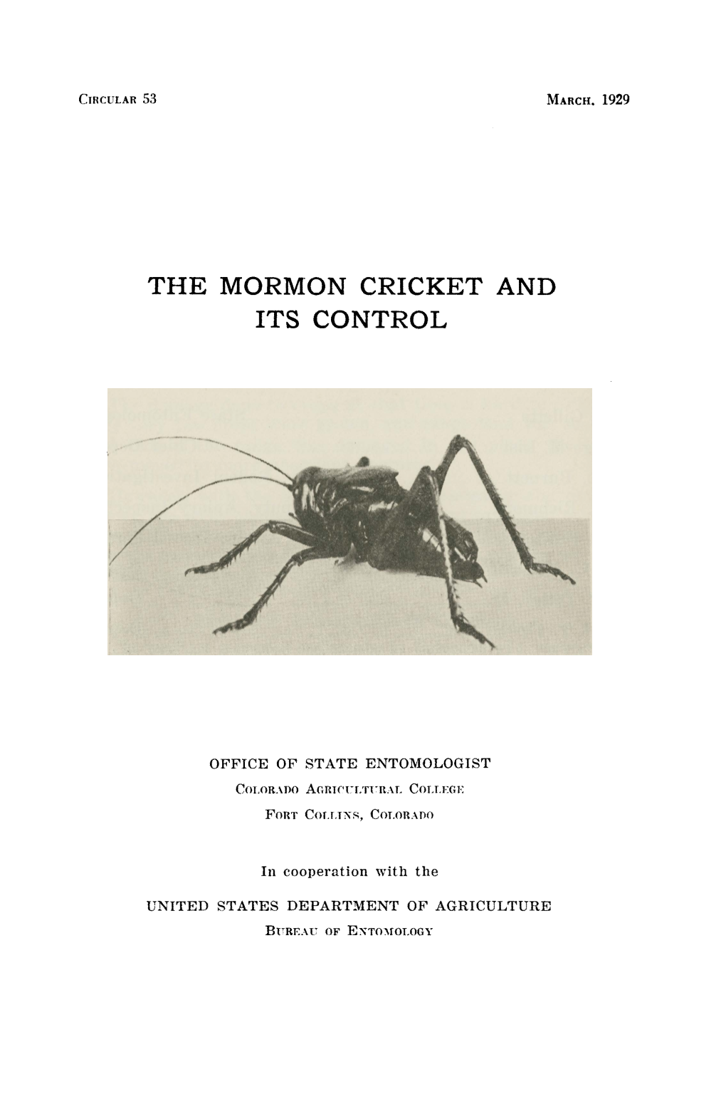 The Mormon Cricket and Its Control