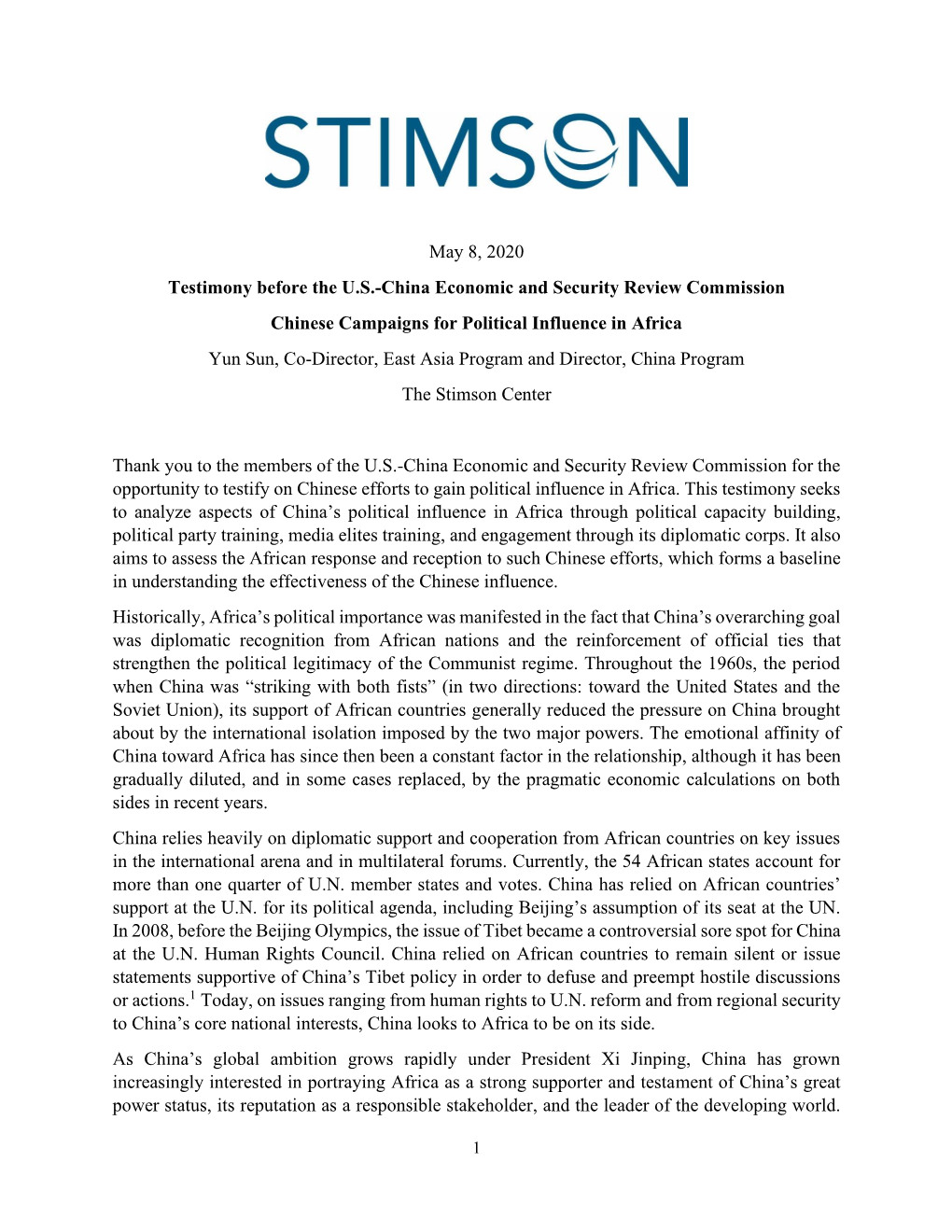 May 8, 2020 Testimony Before the U.S.-China Economic and Security Review Commission Chinese Campaigns for Political Influence In