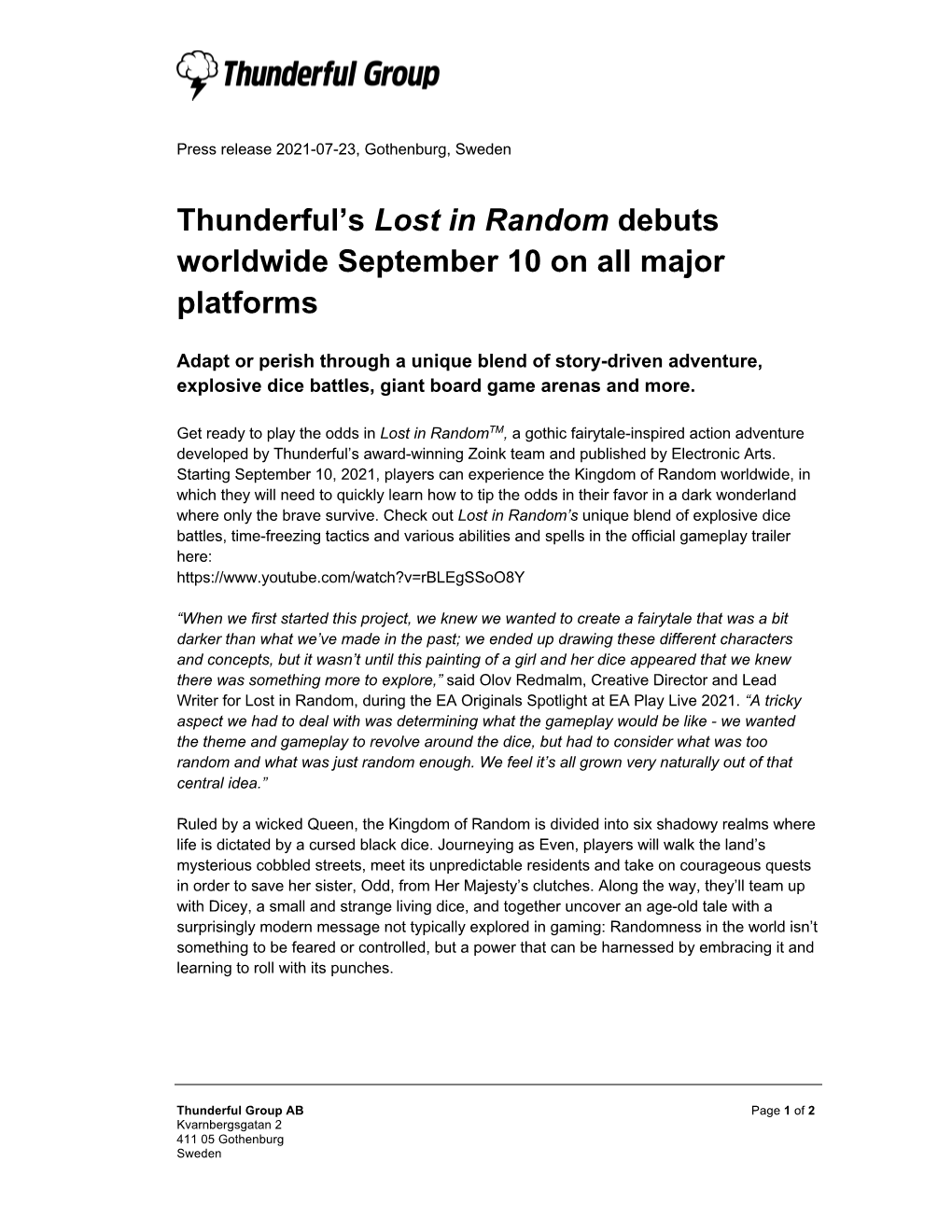 Thunderful's Lost in Random Debuts Worldwide September 10 on All