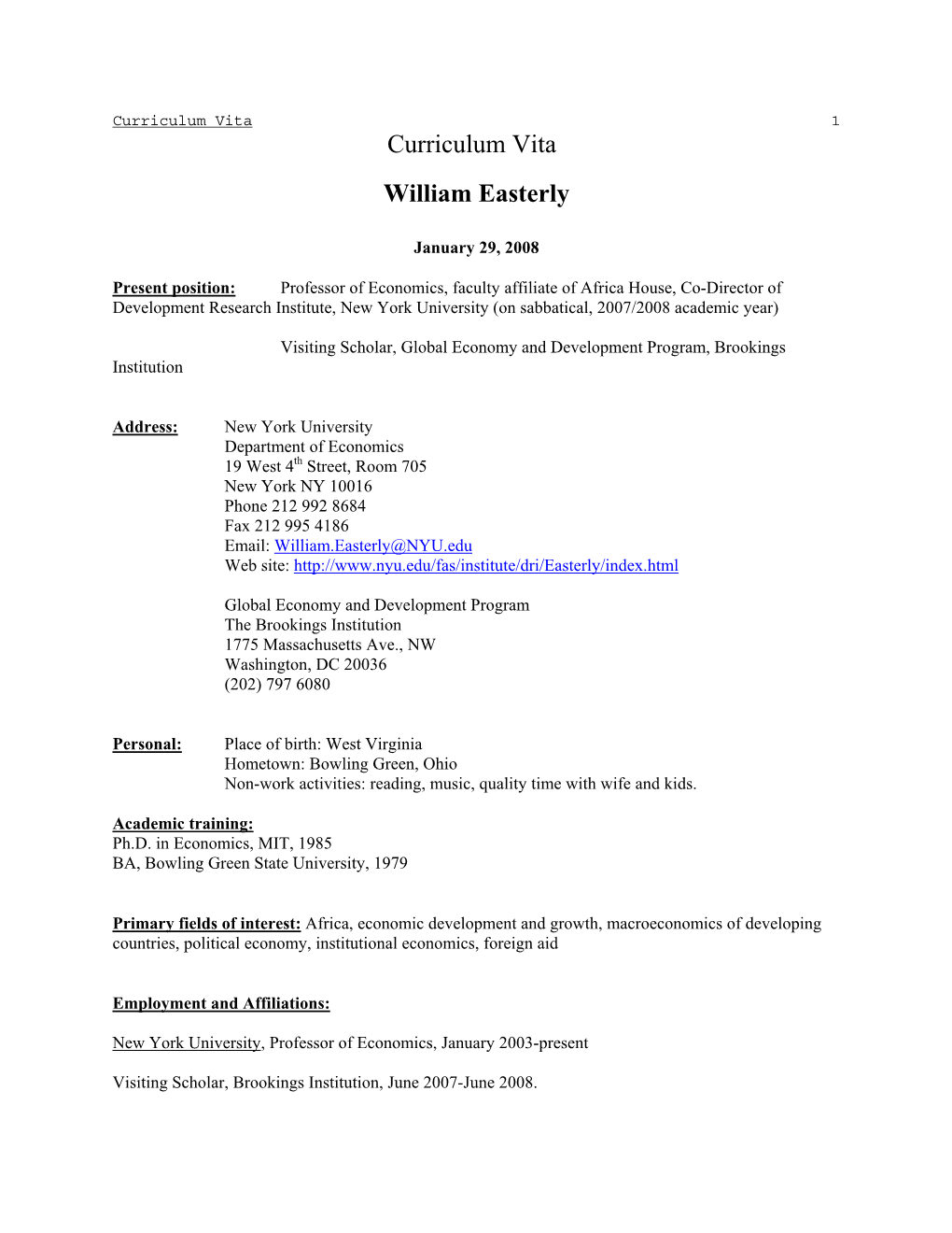 Curriculum Vita: William Easterly