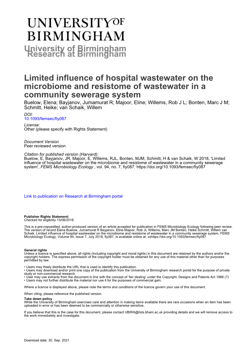 Limited Influence of Hospital Wastewater on the Microbiome And