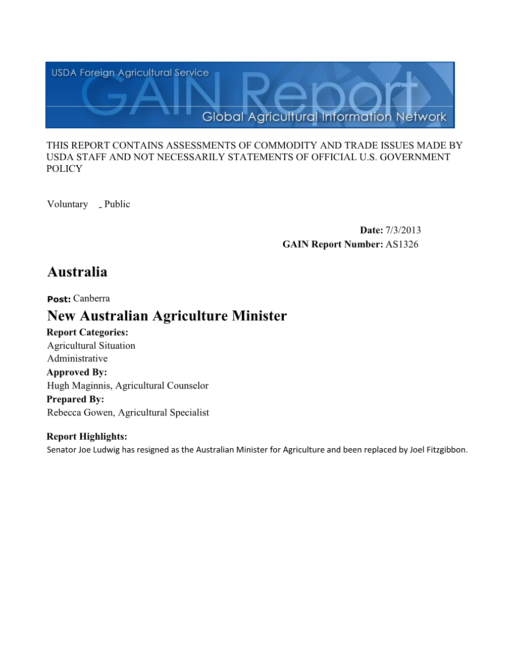 New Australian Agriculture Minister Australia