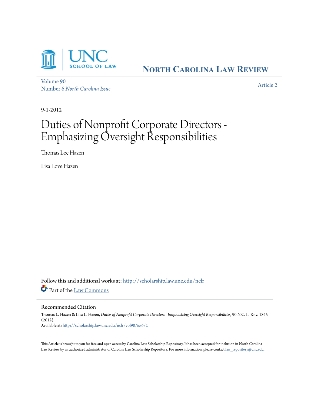 Duties of Nonprofit Corporate Directors - Emphasizing Oversight Responsibilities, 90 N.C