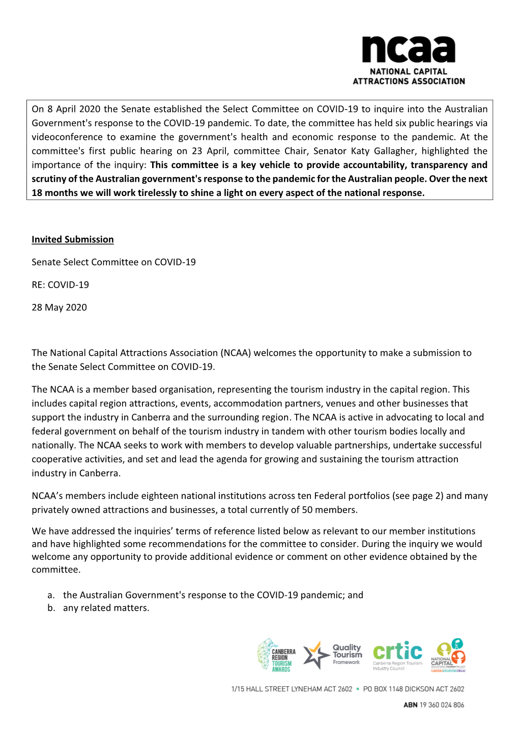 On 8 April 2020 the Senate Established the Select Committee on COVID-19 to Inquire Into the Australian Government's Response to the COVID-19 Pandemic