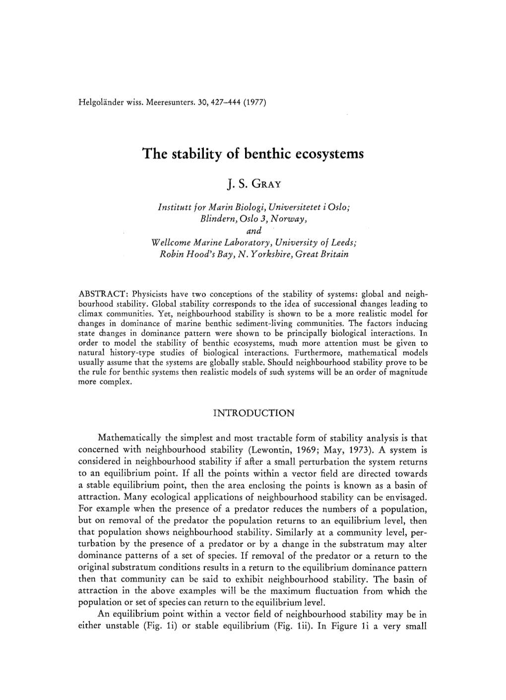 The Stability of Benthic Ecosystems