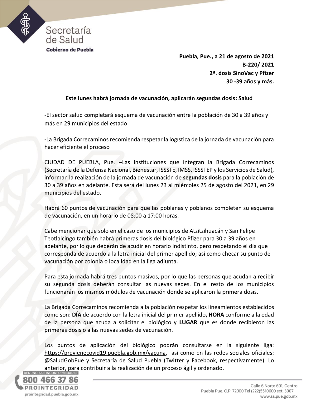 Puebla, Pue., a 21 De Agosto De 2021 B-220/ 2021 2ª