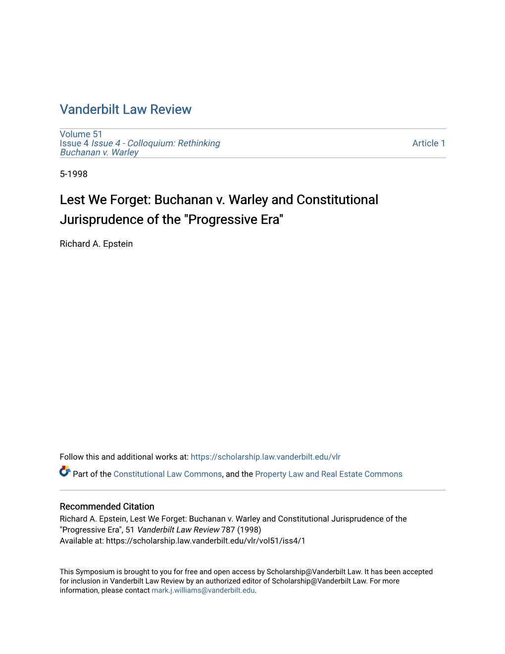 Buchanan V. Warley and Constitutional Jurisprudence of the "Progressive Era"