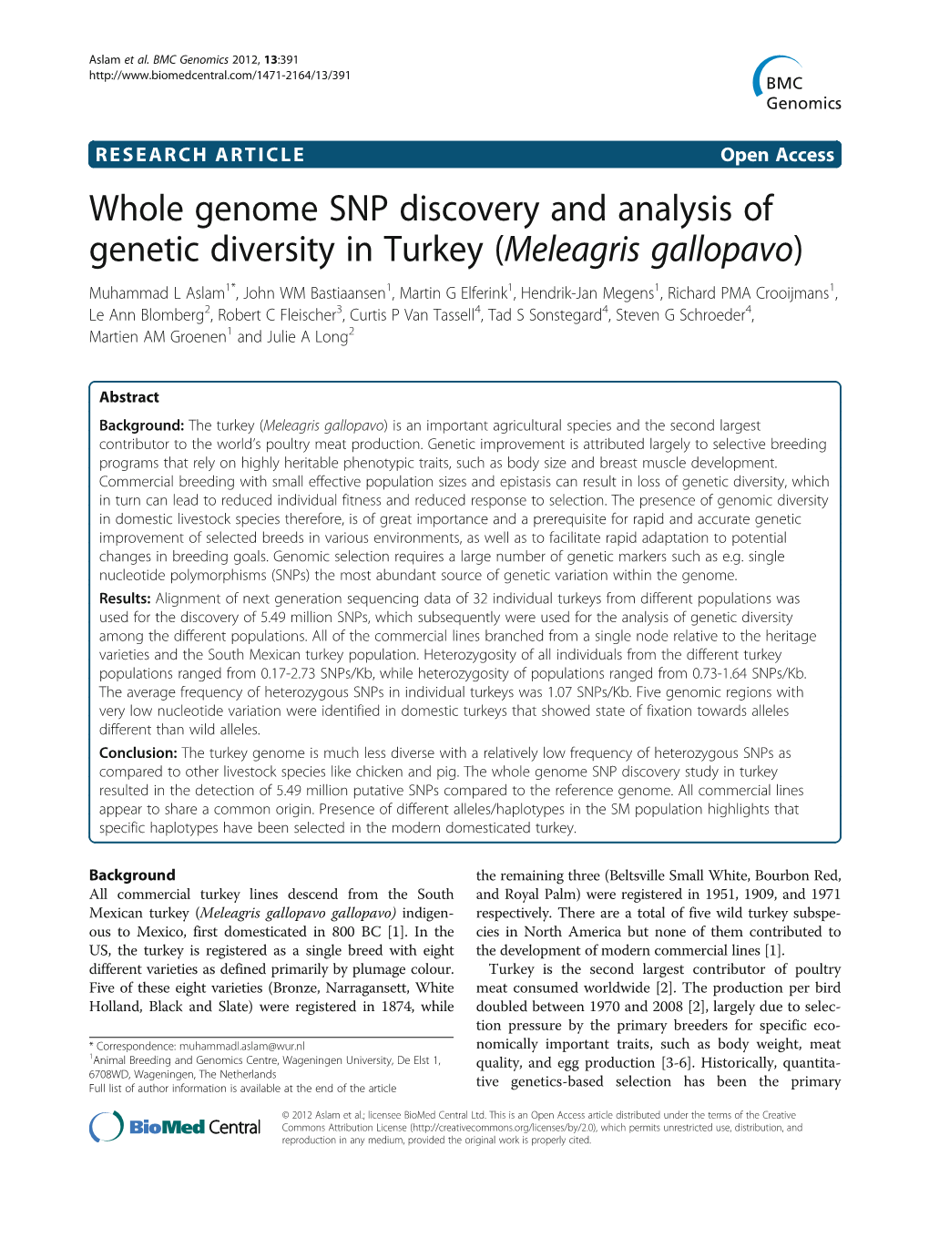 Whole Genome SNP Discovery and Analysis of Genetic Diversity in Turkey (Meleagris Gallopavo)