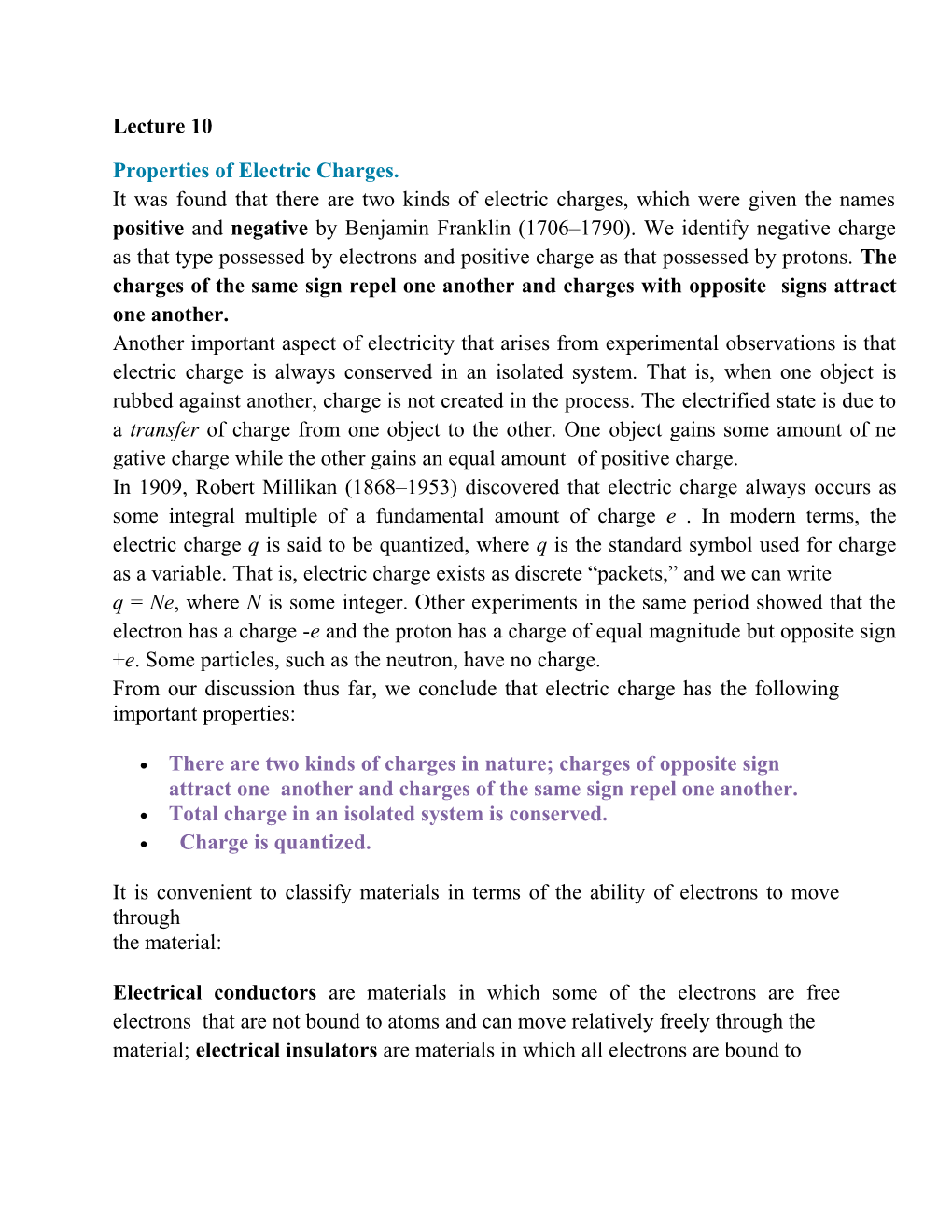 Properties of Electric Charges