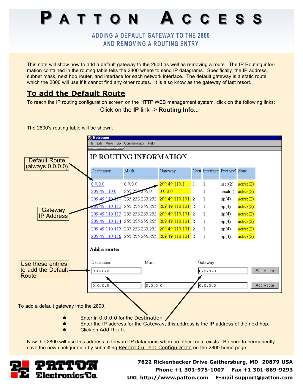 Adding a Default Gateway to the 2800 and Removing a Routing Entry