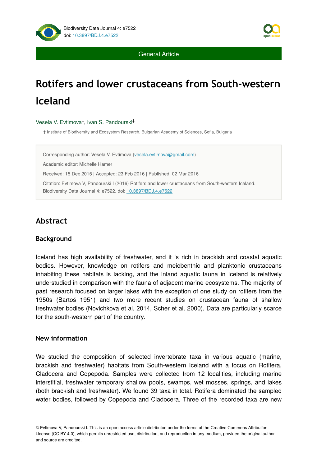 Rotifers and Lower Crustaceans from South-Western Iceland